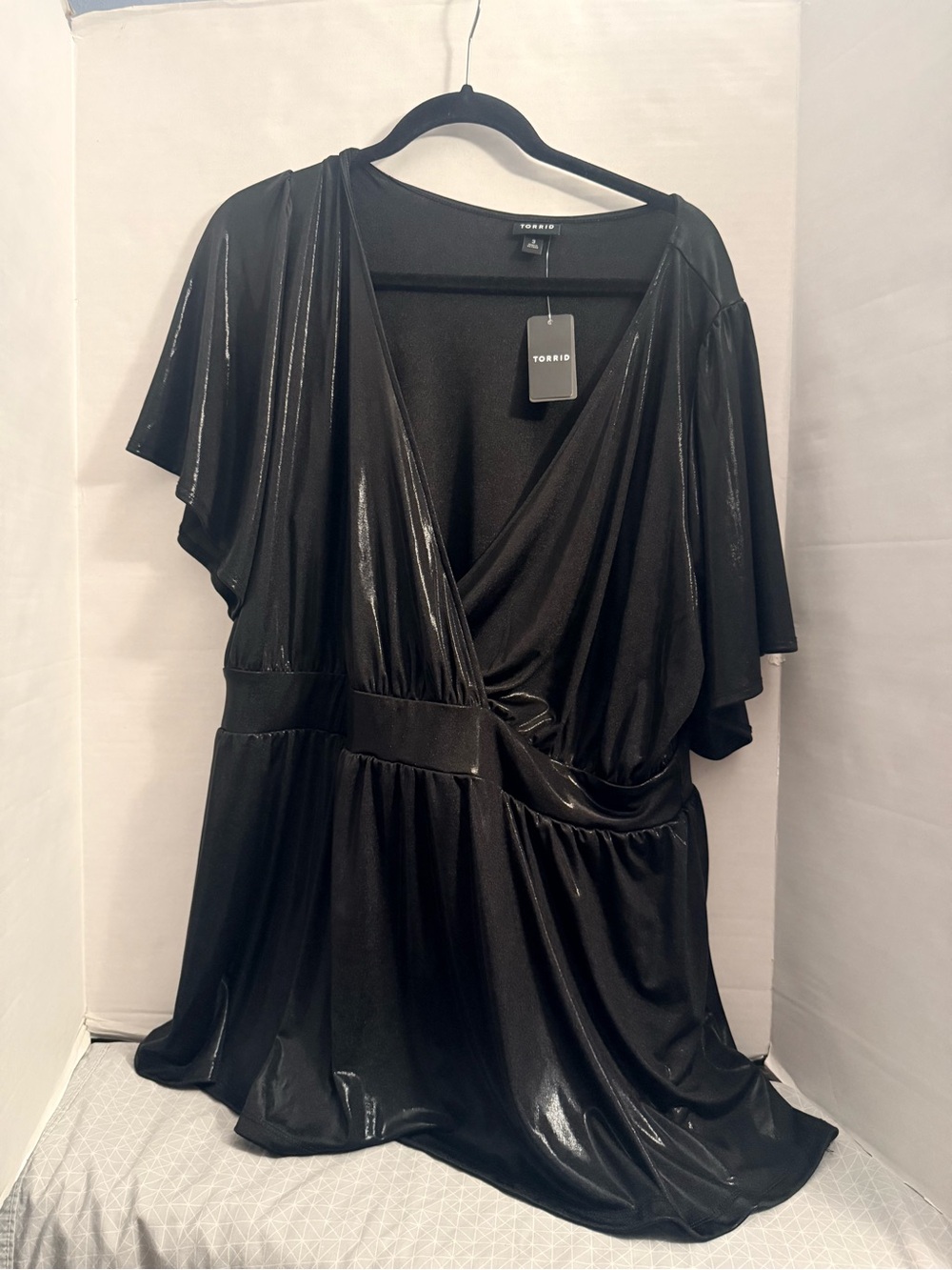 torrid Black Shiny Faux-Wrap Short Sleeve Top
